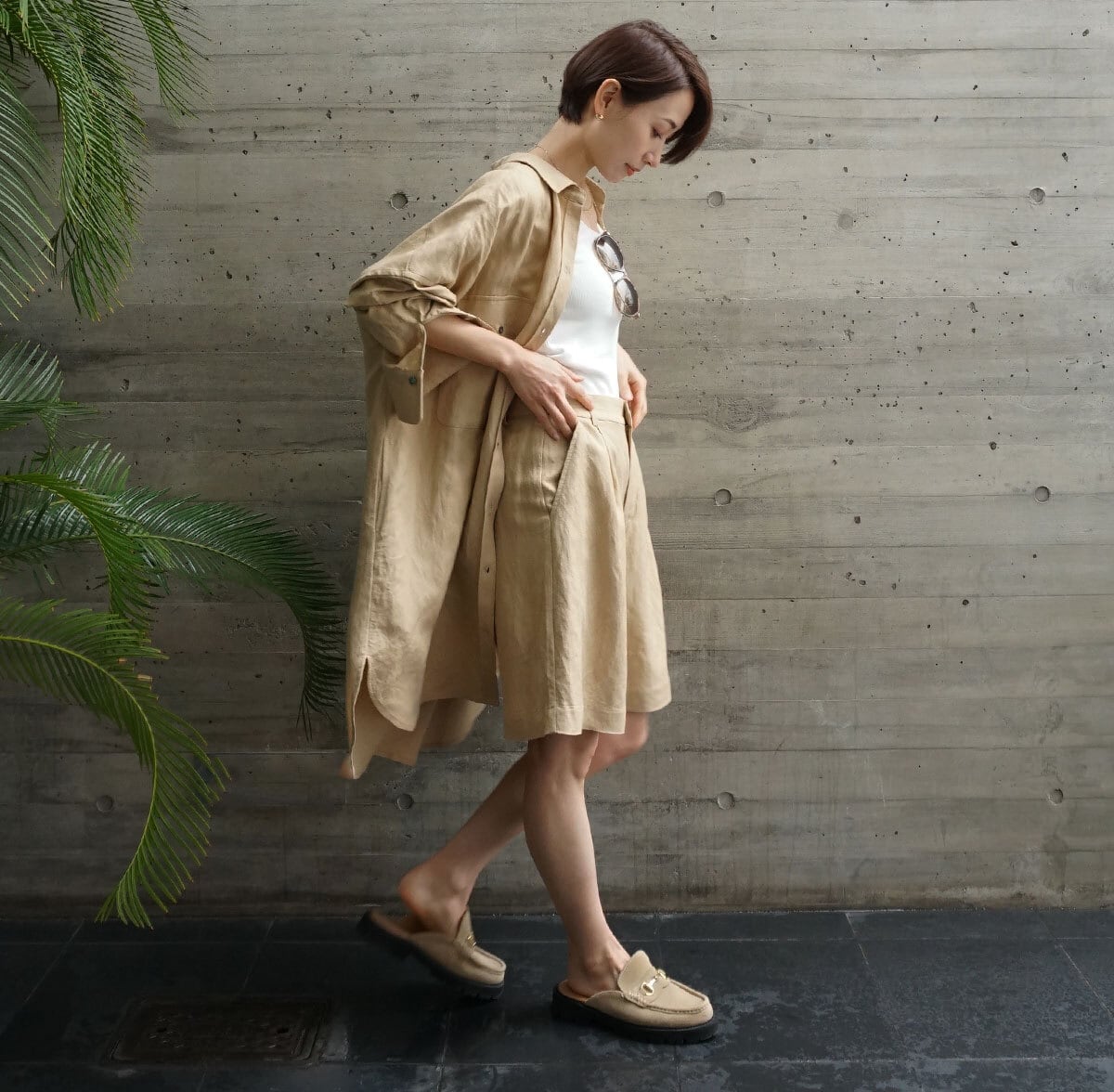 麻混ハーフパンツ